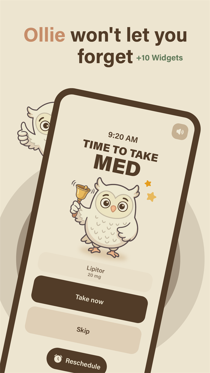 Pillora full-screen medication alert with Ollie the owl ringing a bell