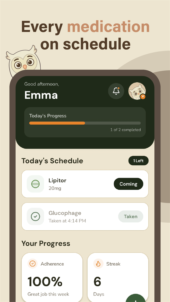Pillora home screen with today's schedule, adherence percentage and streak counter