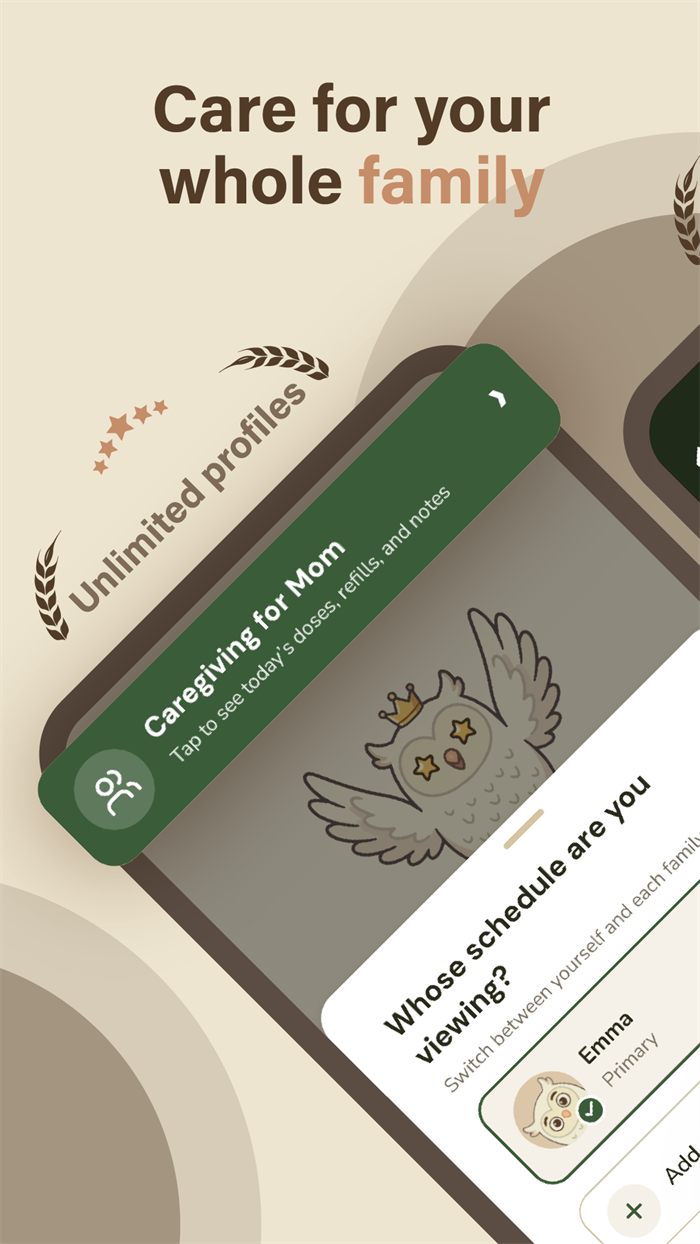 Pillora profile switcher — choosing whose schedule to view, with a caregiving notification for Mom
