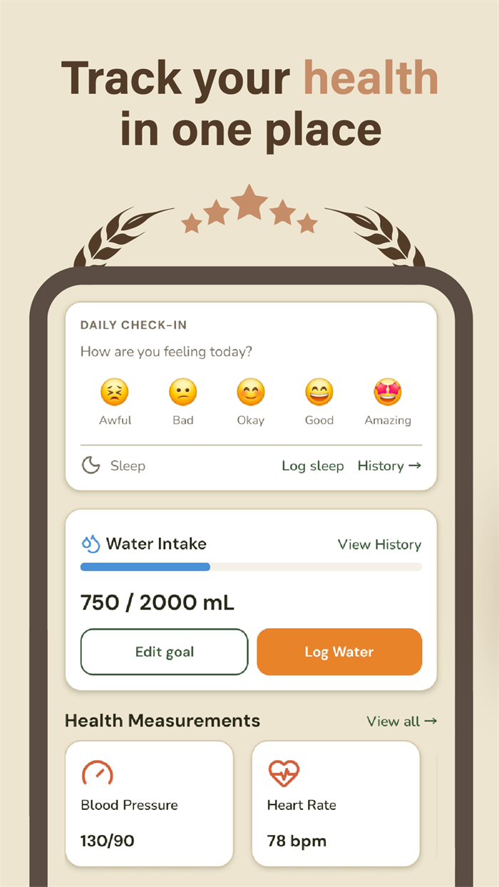 Pillora health screen with a daily mood check-in, water intake and blood pressure and heart rate cards