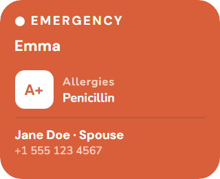 Emergency widget showing blood type, allergies and an emergency contact